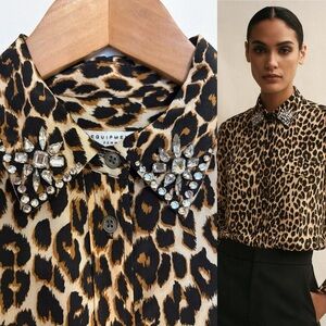 Equipment Silk Slim Fit Leopard Animal Print Crystal Jewel Embellished Collar XS
